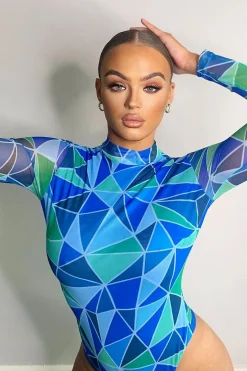 Rebellious Fashion Blue Geometric Pattern Mesh Bodysuit - Bee