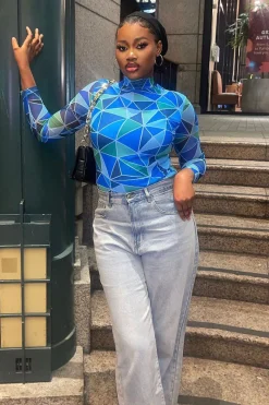 Rebellious Fashion Blue Geometric Pattern Mesh Bodysuit - Bee
