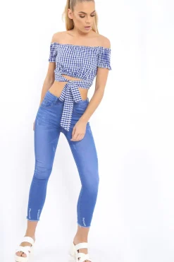 Rebellious Fashion Blue Gingham Bardot Wrap Around Crop Top - Rozanne