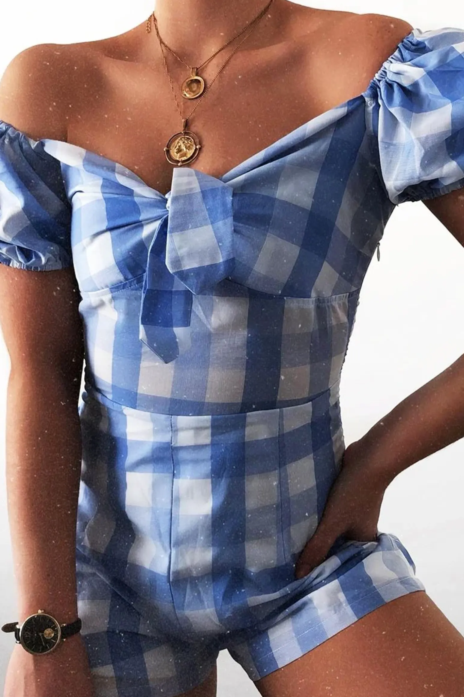 Rebellious Fashion Blue Gingham Tie Front Puff Sleeve Playsuit - Davey