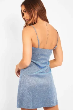 Rebellious Fashion Blue Glitter Straight Neck Mini Dress - Alanis
