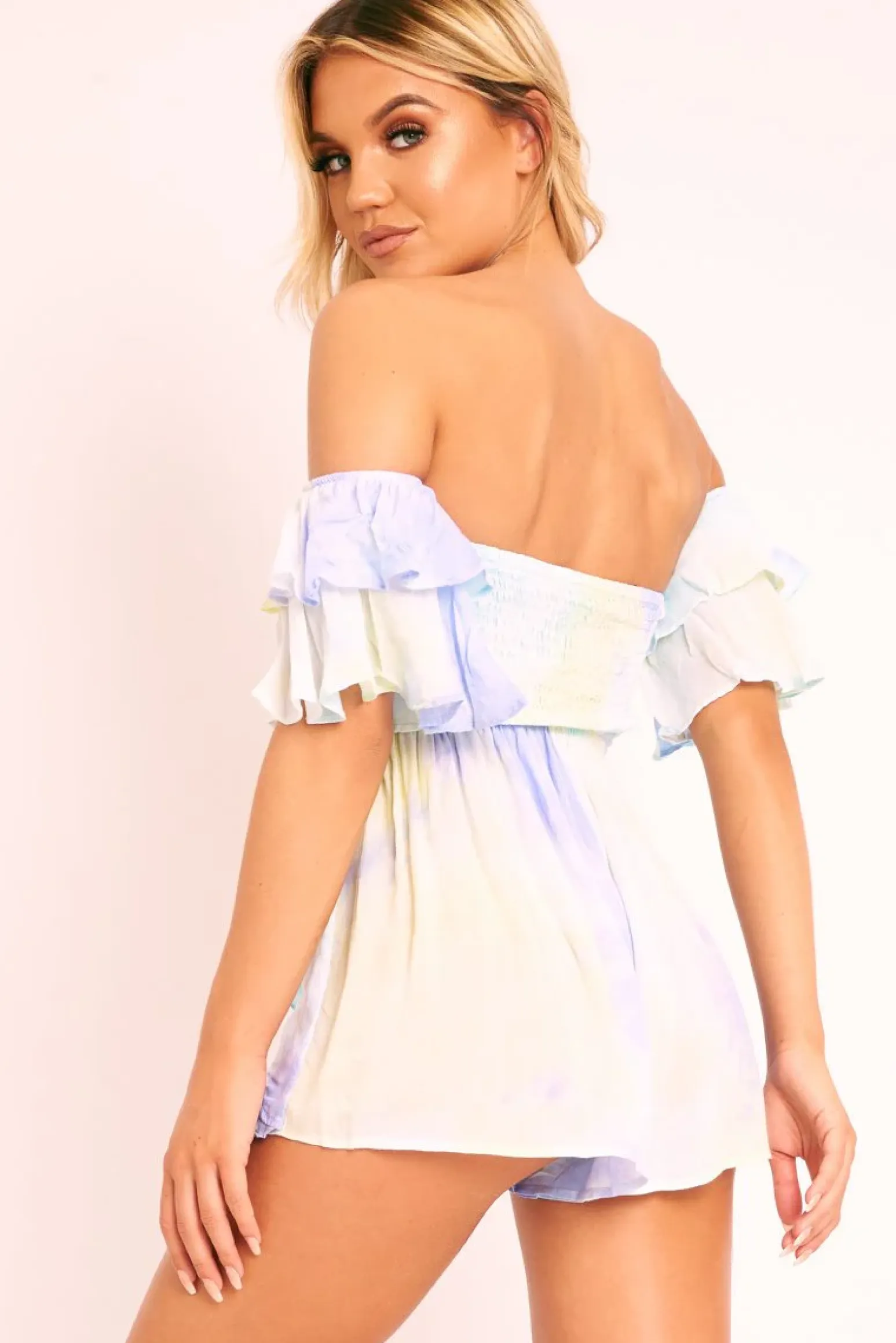 Rebellious Fashion Blue Green Tie Dye Frill Detail Cut Out Playsuit - Jaira