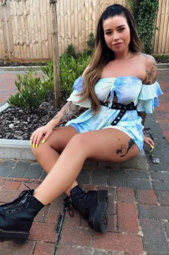Rebellious Fashion Blue Green Tie Dye Frill Detail Cut Out Playsuit - Jaira