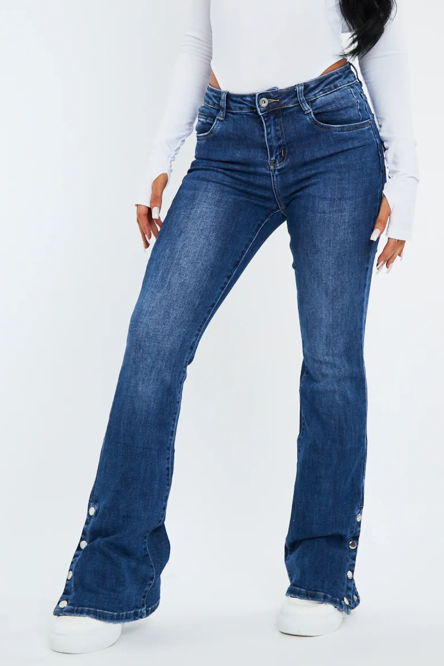 Rebellious Fashion Blue High Waist Popper Flare Jeans - Asira