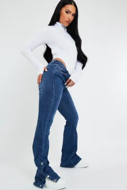 Rebellious Fashion Blue High Waist Popper Flare Jeans - Asira