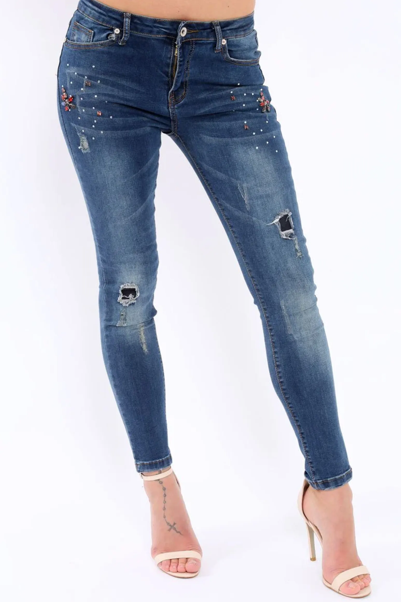 Rebellious Fashion Blue Jewelled and Distressed Jeans - Kasi