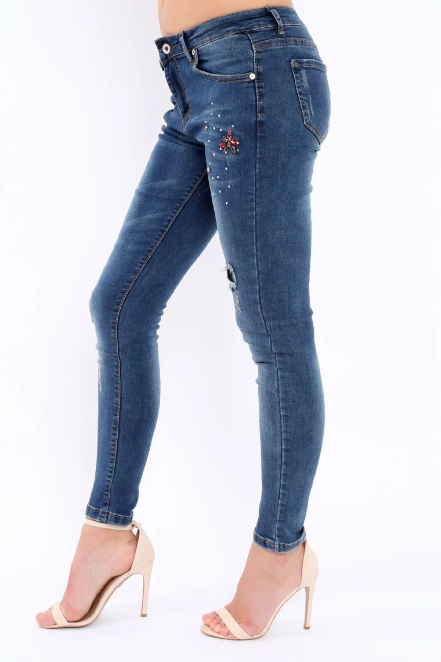 Rebellious Fashion Blue Jewelled and Distressed Jeans - Kasi