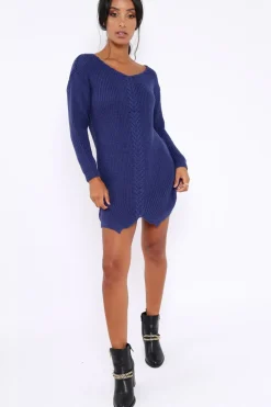 Rebellious Fashion Blue Jumper Dress with Twist Knit Detail - Antonia
