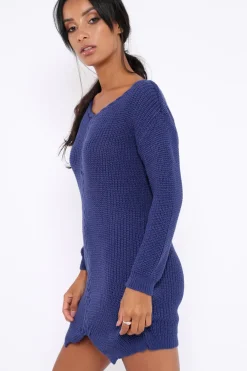 Rebellious Fashion Blue Jumper Dress with Twist Knit Detail - Antonia