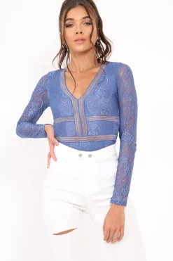 Rebellious Fashion Blue Lace Long Sleeve Open Back Bodysuit - Ellice