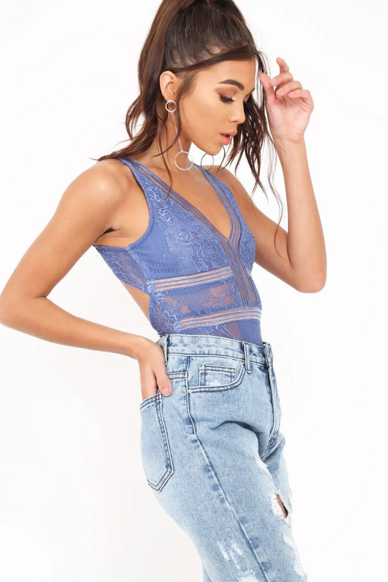 Rebellious Fashion Blue Lace Sleeveless Open Back Bodysuit - Molina