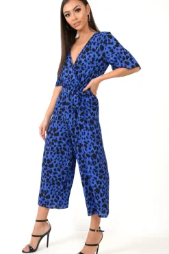 Rebellious Fashion Blue Leopard Print Wrap Culotte Jumpsuit -Juni