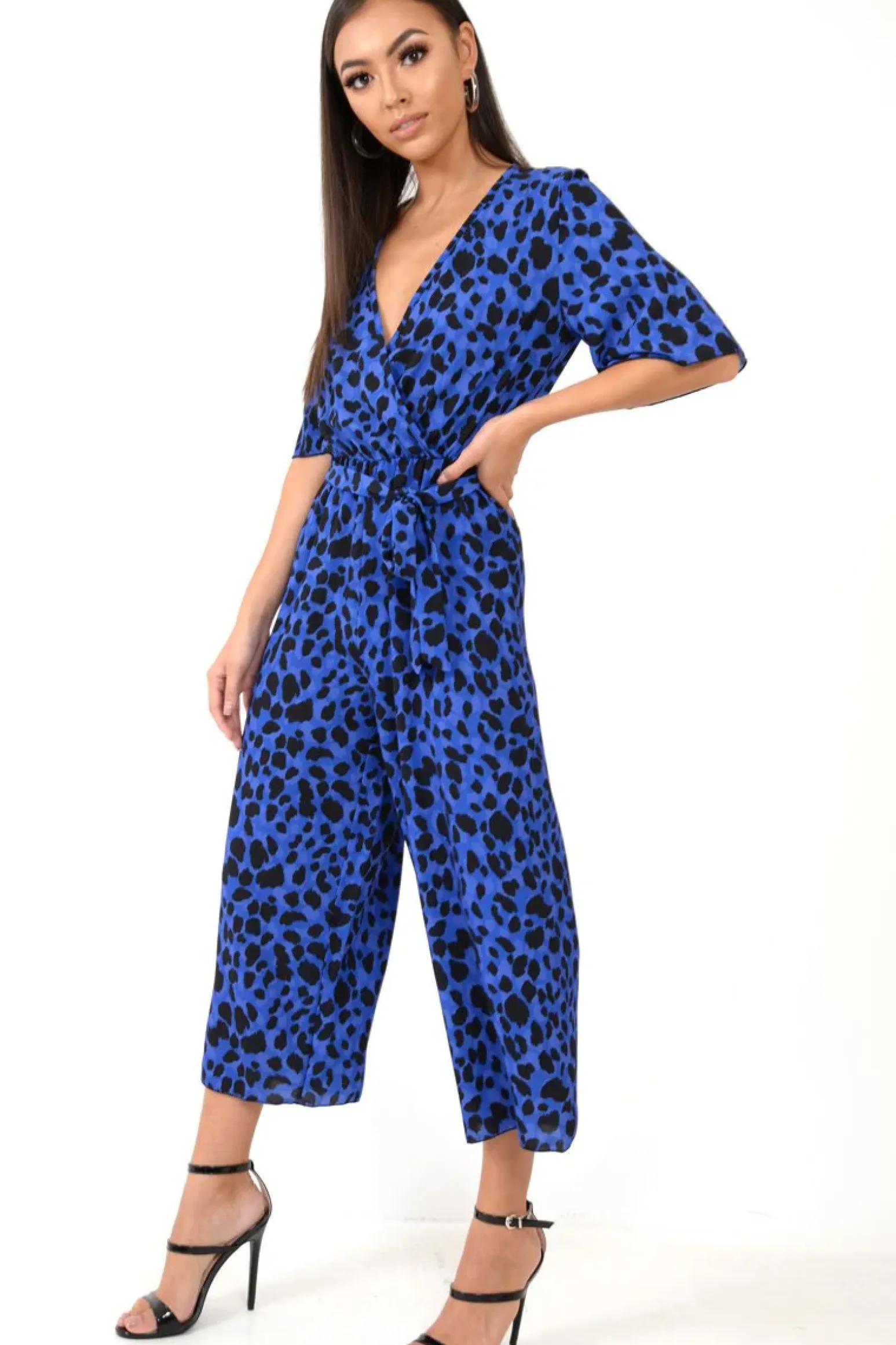 Rebellious Fashion Blue Leopard Print Wrap Culotte Jumpsuit -Juni