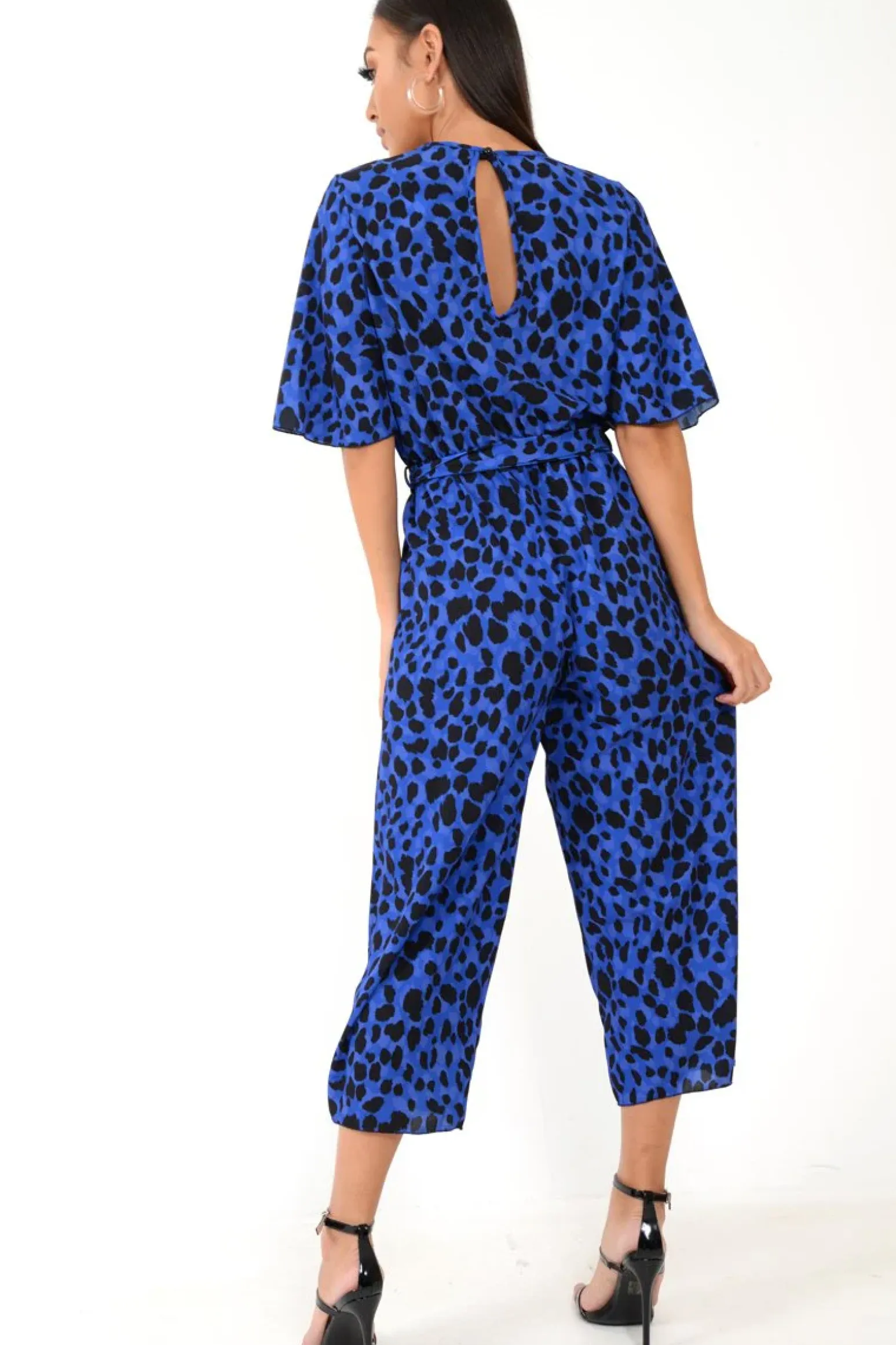 Rebellious Fashion Blue Leopard Print Wrap Culotte Jumpsuit -Juni