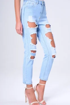 Rebellious Fashion Blue Light Wash Ripped Thigh Detail Mom Jeans - Ashleigh