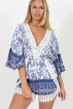 Rebellious Fashion Blue Low Cut Crochet Playsuit - Evelyn