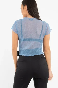 Rebellious Fashion Blue Mesh Glitter Crop Top - Kiah