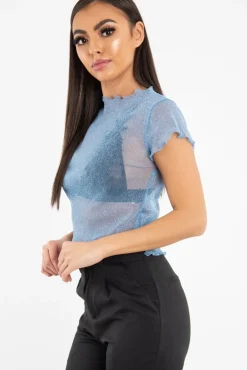 Rebellious Fashion Blue Mesh Glitter Crop Top - Kiah