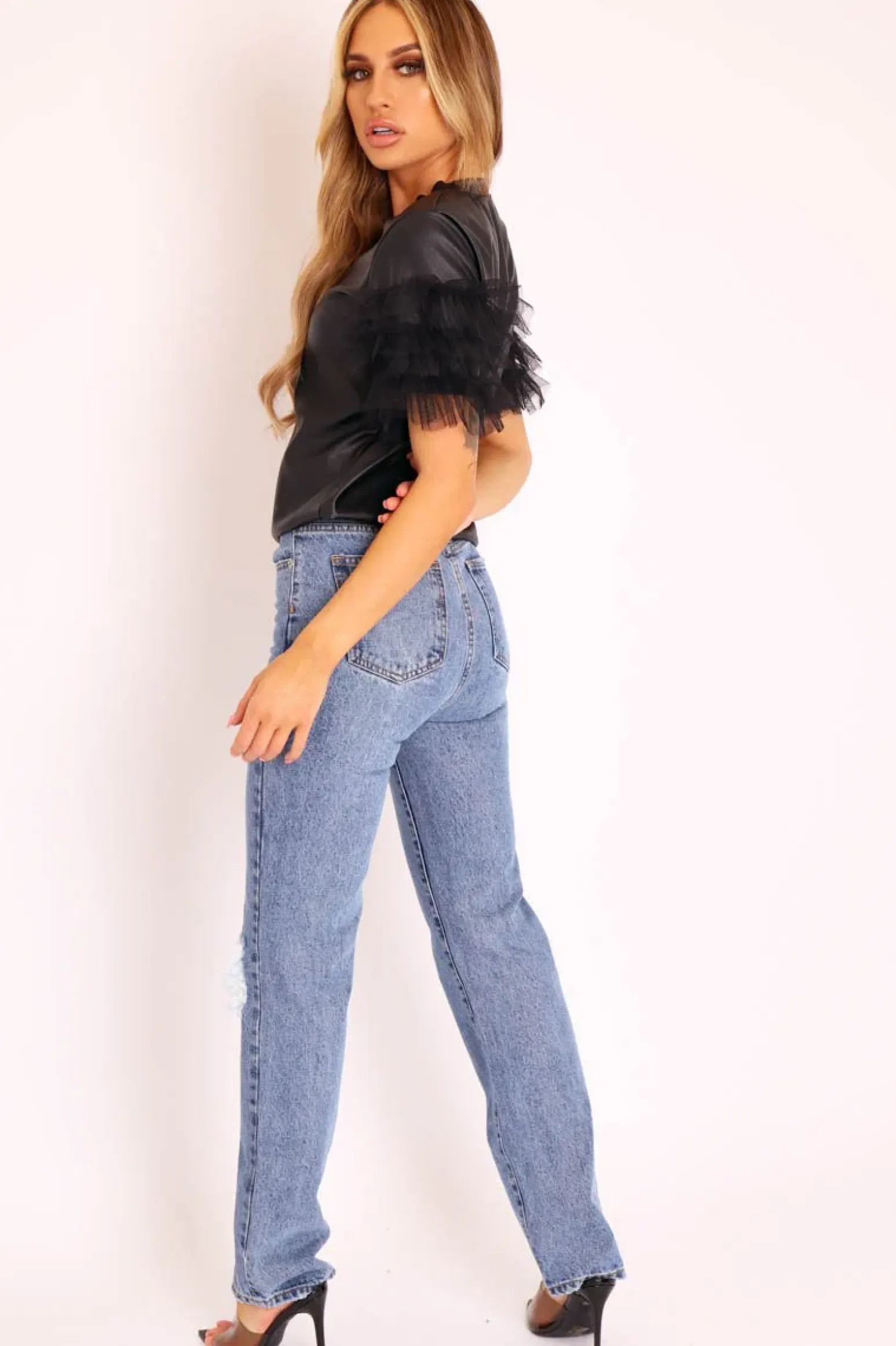 Rebellious Fashion Blue Mid Wash Ripped Knee Straight Leg Jeans - Brilynn