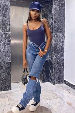Rebellious Fashion Blue Mid Wash Ripped Knee Straight Leg Jeans - Brilynn
