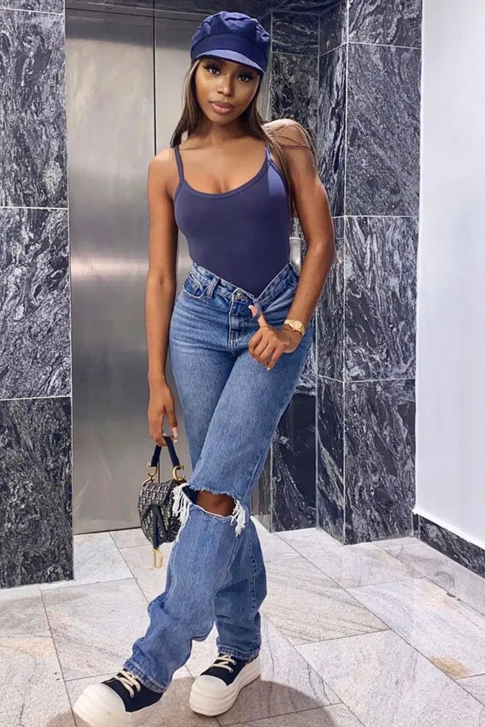 Rebellious Fashion Blue Mid Wash Ripped Knee Straight Leg Jeans - Brilynn