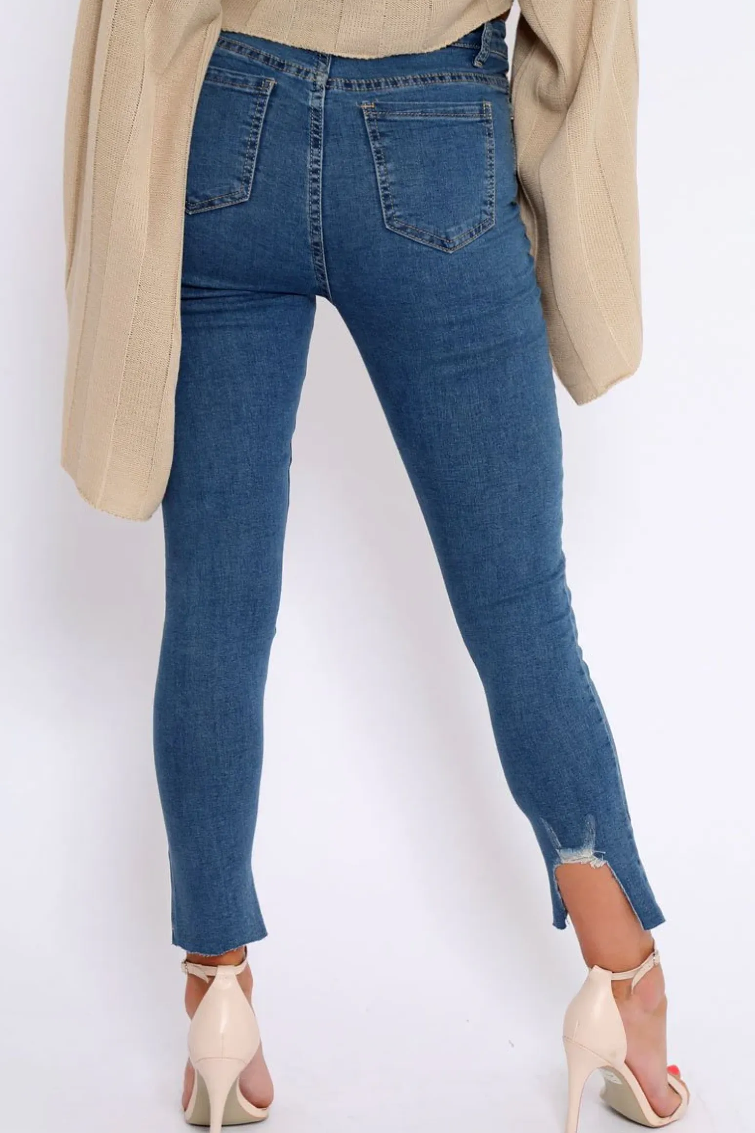 Rebellious Fashion Blue Mid Wash Split Hem Skinny Jeans - Raizy