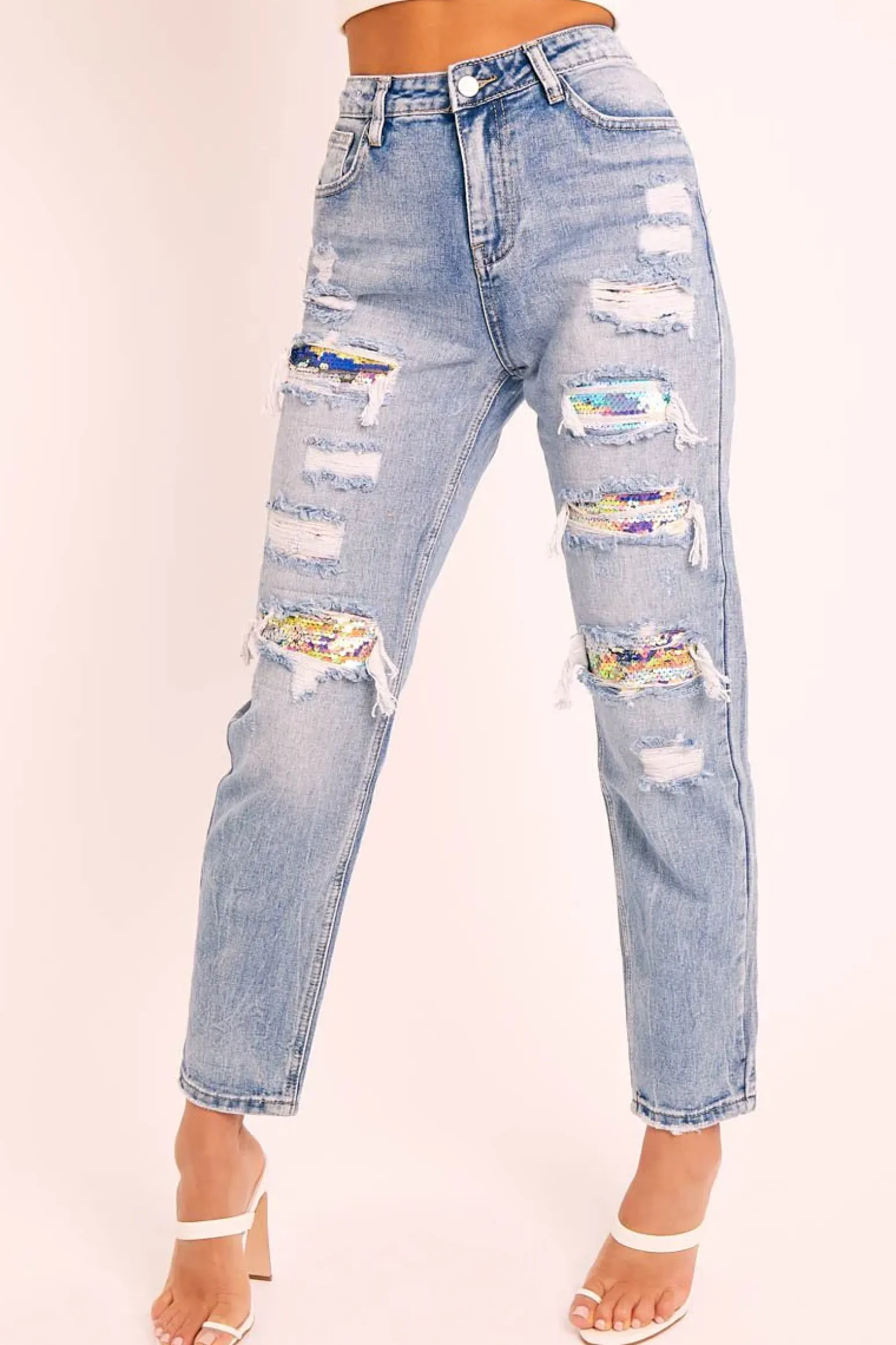 Rebellious Fashion Blue Multi Sequin Ripped Boyfriend Jeans - Kacie