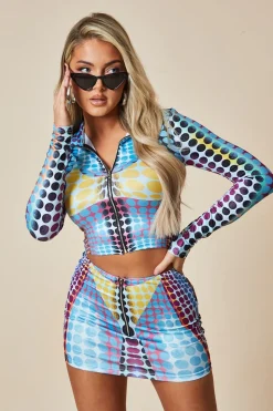 Rebellious Fashion Blue Multi Spot Print Crop Top & Mini Skirt Set - Kyomi