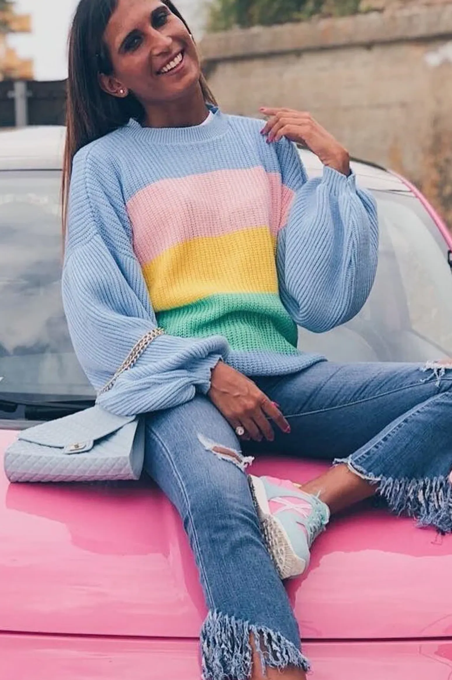 Rebellious Fashion Blue Nude and Yellow Striped Jumper - Ammie