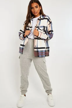 Rebellious Fashion Blue Nude Check Pocket Front Shacket - Misa
