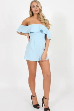 Rebellious Fashion Blue Off The Should Frill Playsuit - Annalix