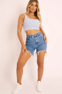 Rebellious Fashion Blue One Shouldered Crop Top - Kamri