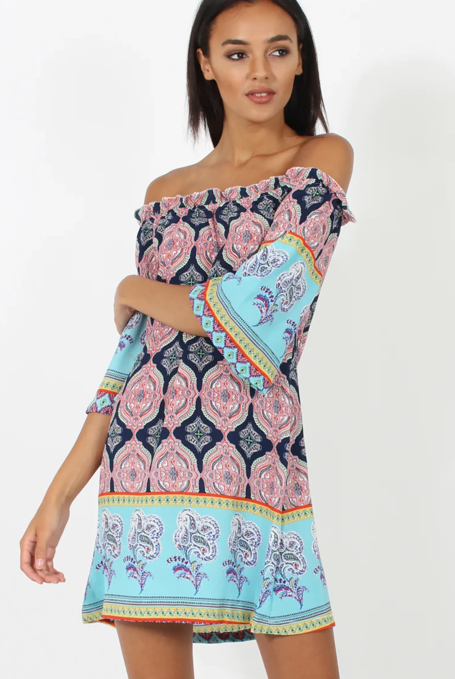 Rebellious Fashion Blue Paisley Print Bardot Frill Trim Dress - Tanya