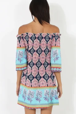 Rebellious Fashion Blue Paisley Print Bardot Frill Trim Dress - Tanya