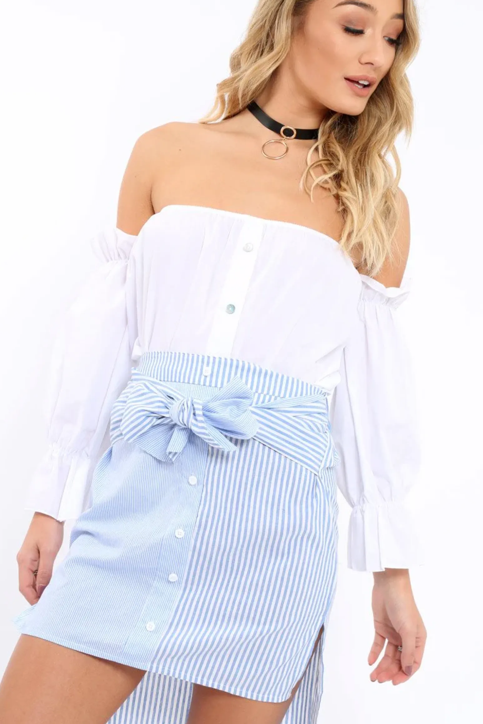 Rebellious Fashion Blue Pinstripe Dip Hem Bow Tie Skirt - Stacie