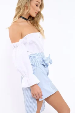 Rebellious Fashion Blue Pinstripe Dip Hem Bow Tie Skirt - Stacie