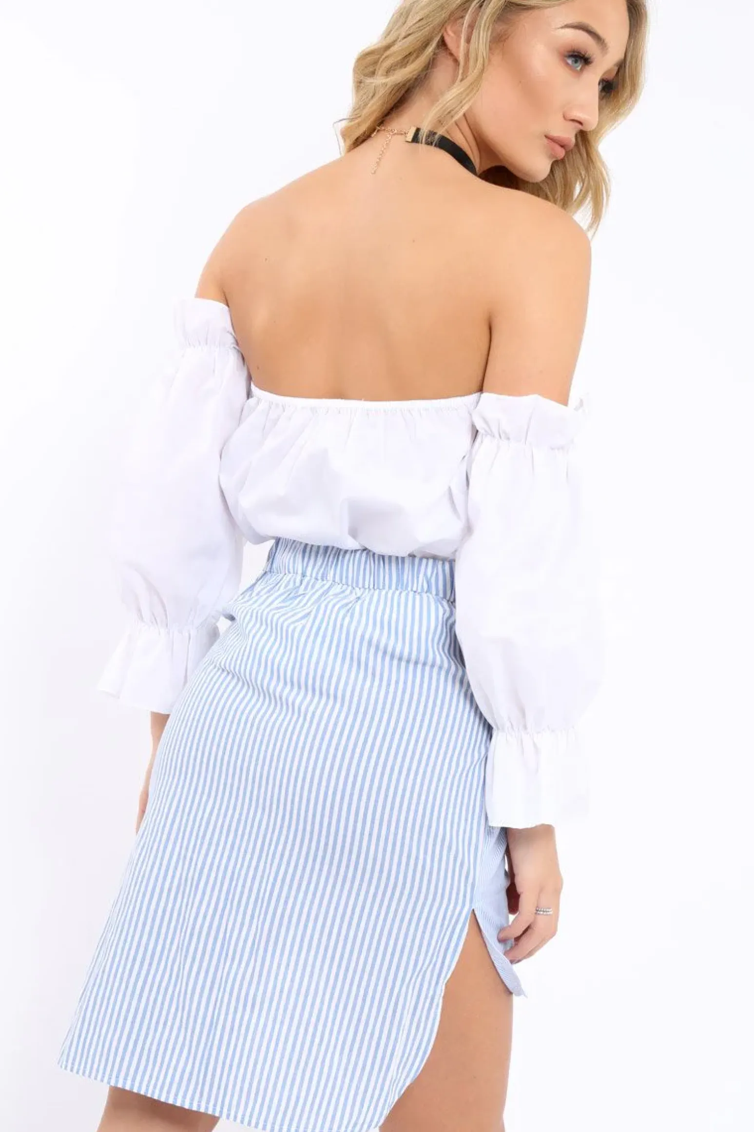 Rebellious Fashion Blue Pinstripe Dip Hem Bow Tie Skirt - Stacie