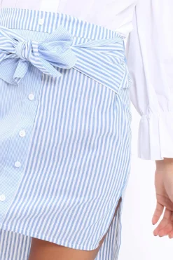 Rebellious Fashion Blue Pinstripe Dip Hem Bow Tie Skirt - Stacie