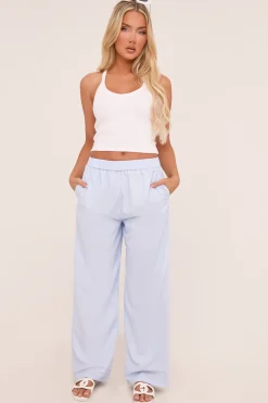 Rebellious Fashion Blue Pinstripe Elasticated Waist Straight Leg Trousers - Darcie
