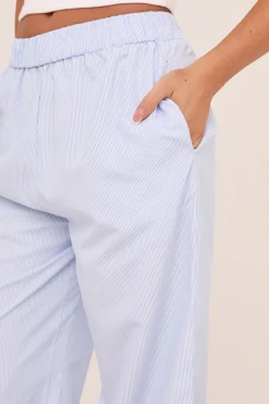 Rebellious Fashion Blue Pinstripe Elasticated Waist Straight Leg Trousers - Darcie