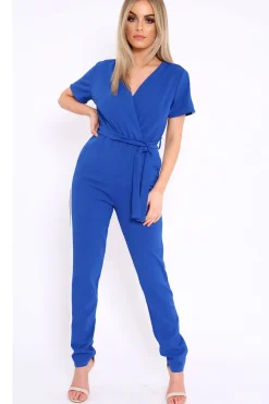 Rebellious Fashion Blue Plunge Front Contrast Side Stripe Jumpsuit - Jayah