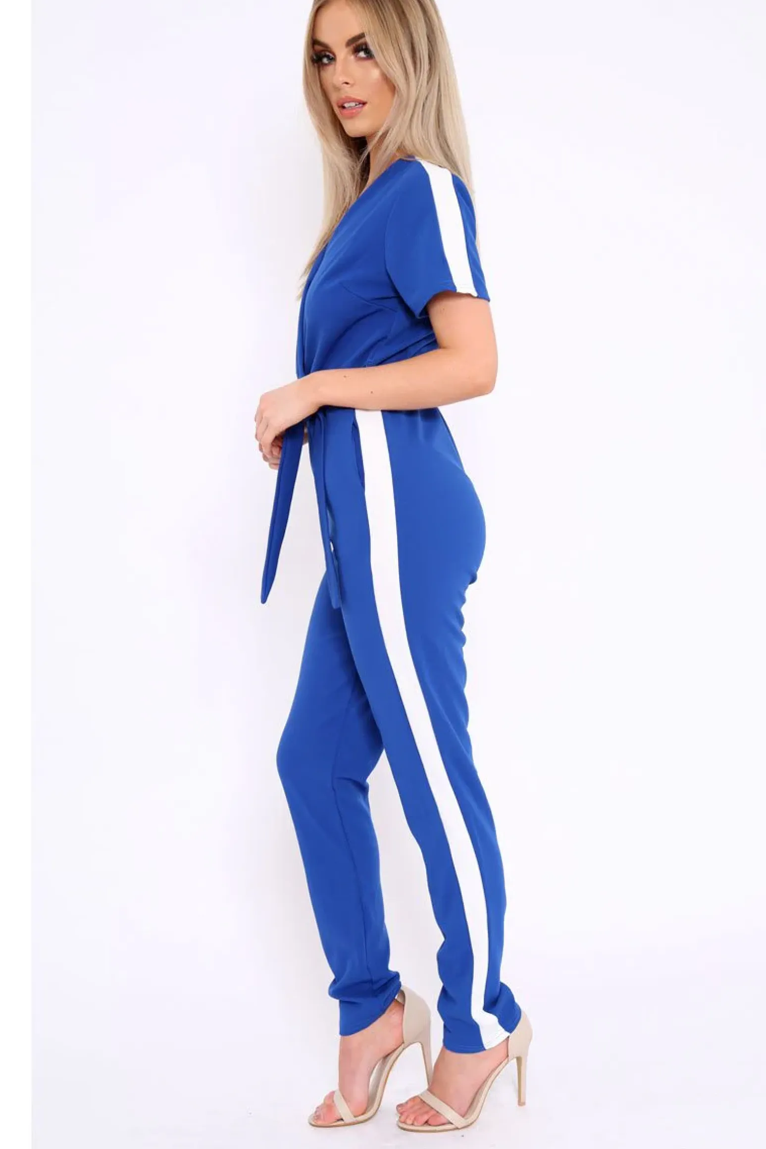 Rebellious Fashion Blue Plunge Front Contrast Side Stripe Jumpsuit - Jayah