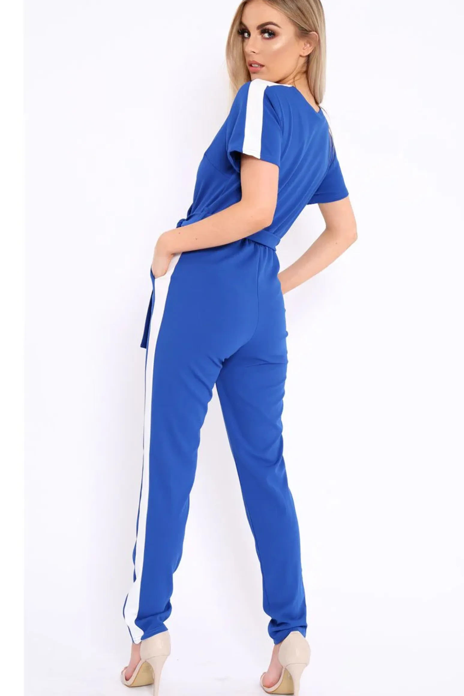 Rebellious Fashion Blue Plunge Front Contrast Side Stripe Jumpsuit - Jayah