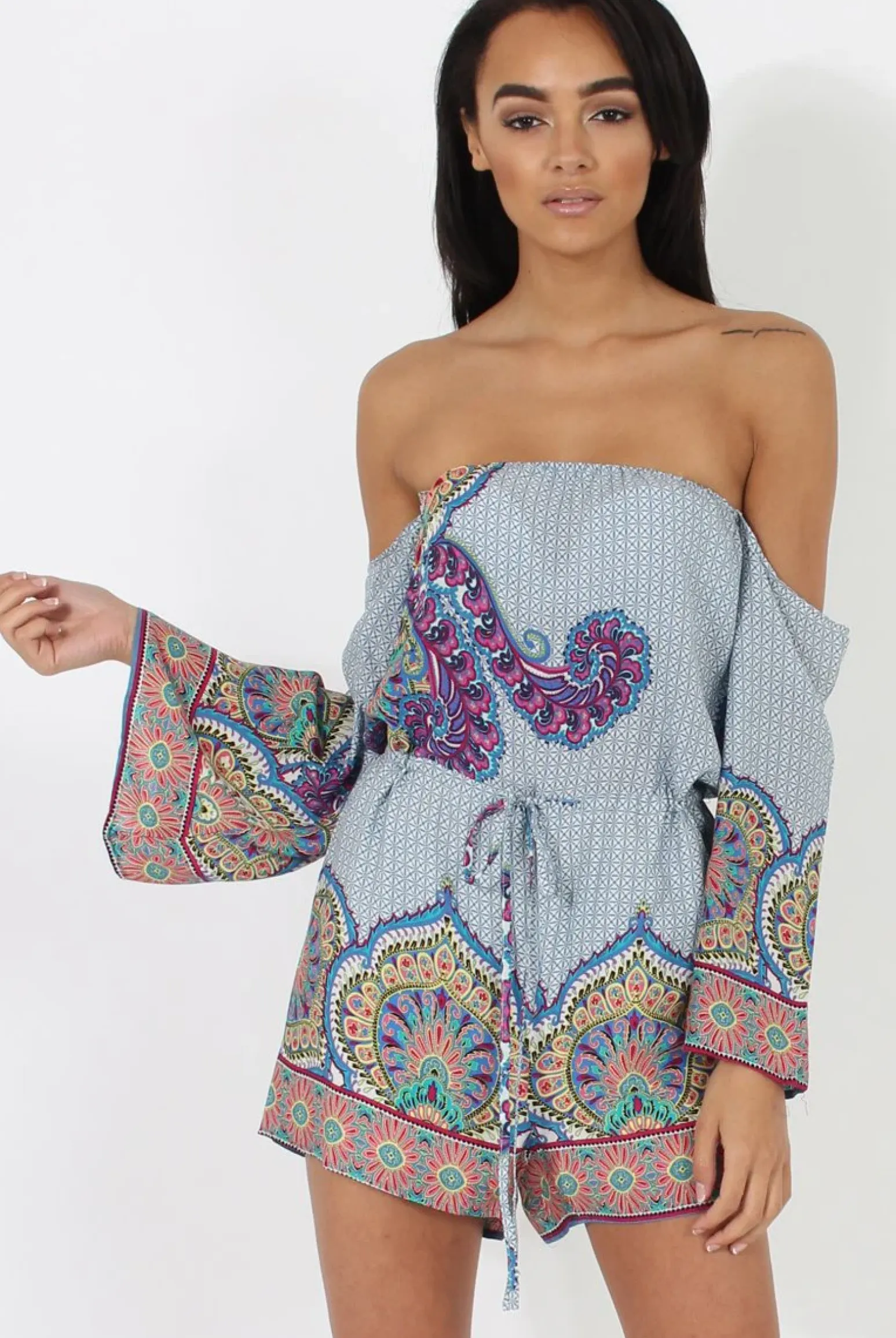 Rebellious Fashion Blue Print Bardot Playsuit - Faith