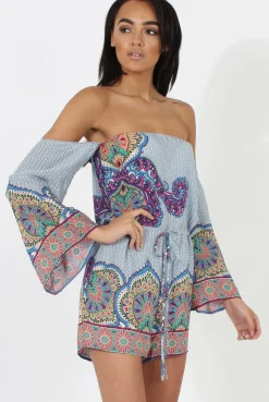 Rebellious Fashion Blue Print Bardot Playsuit - Faith