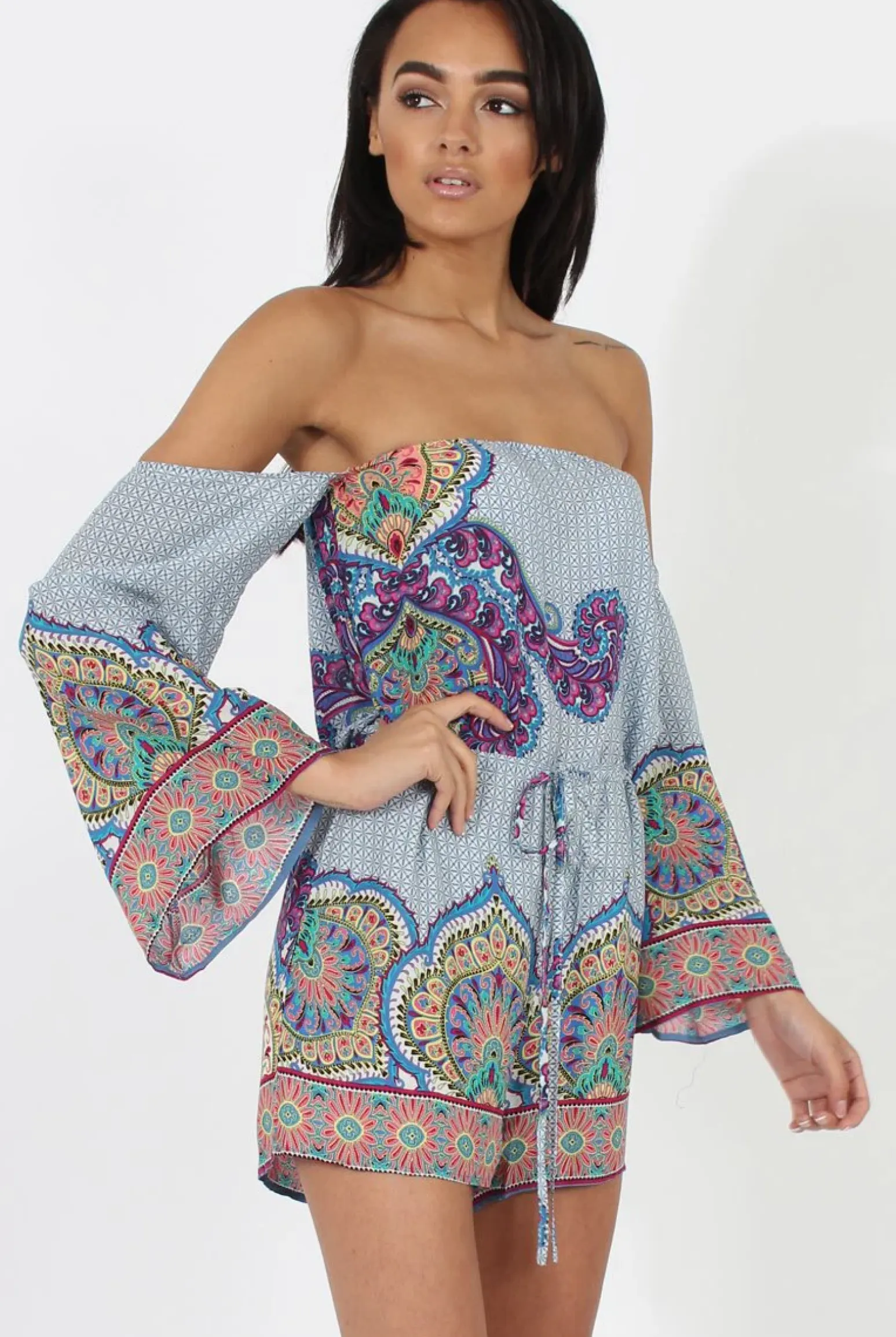 Rebellious Fashion Blue Print Bardot Playsuit - Faith