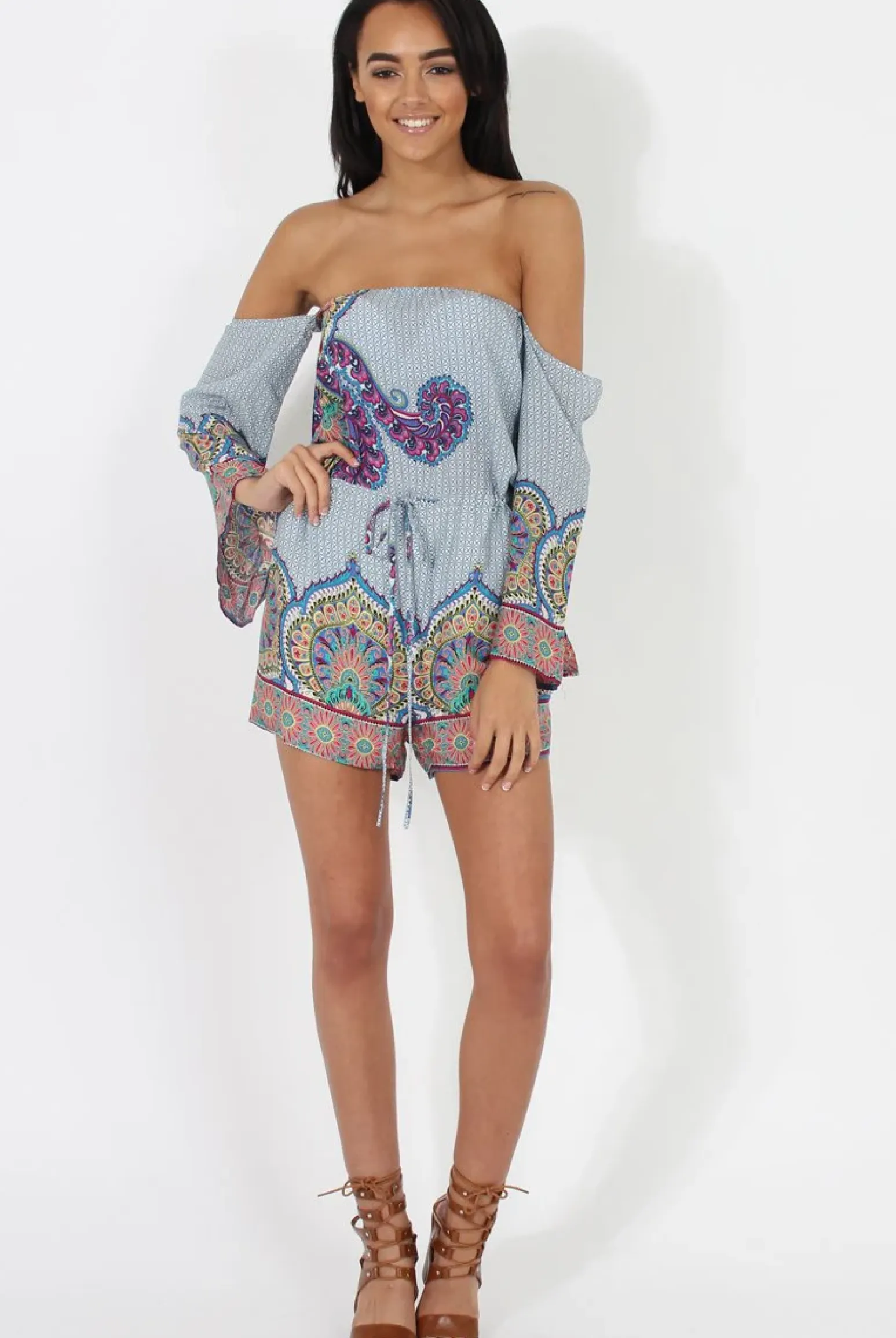 Rebellious Fashion Blue Print Bardot Playsuit - Faith