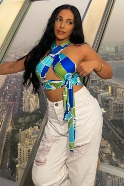 Rebellious Fashion Blue Print Tie Halter Neck Crop Top - Aashi