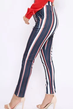 Rebellious Fashion Blue Red and White Striped Tapered Trousers - Jasmyn