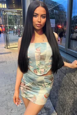 Rebellious Fashion Blue Renaissance Print Corset Detail Top & Mini Skirt Co-ord Set - Rini